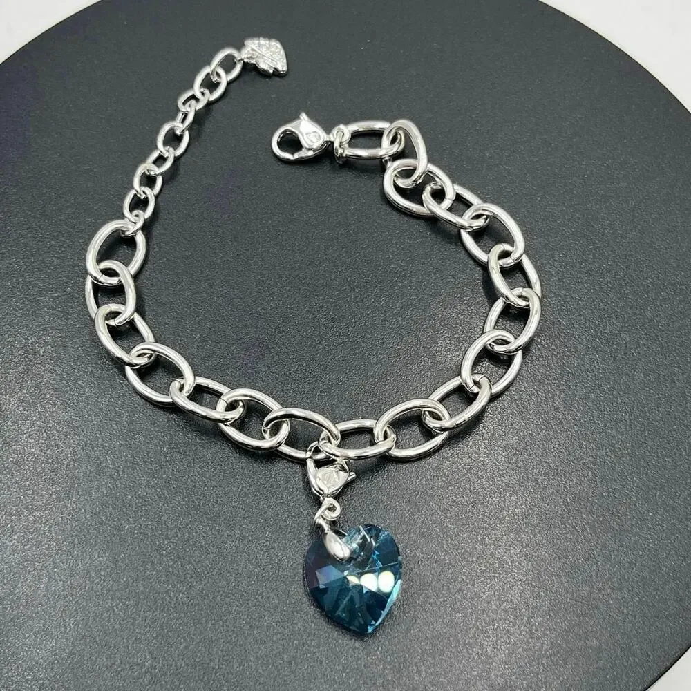 Swarovski Signed Heart Bracelet Birthstone Blue Aquamarine Heart Something Blue - Picture 1 of 10